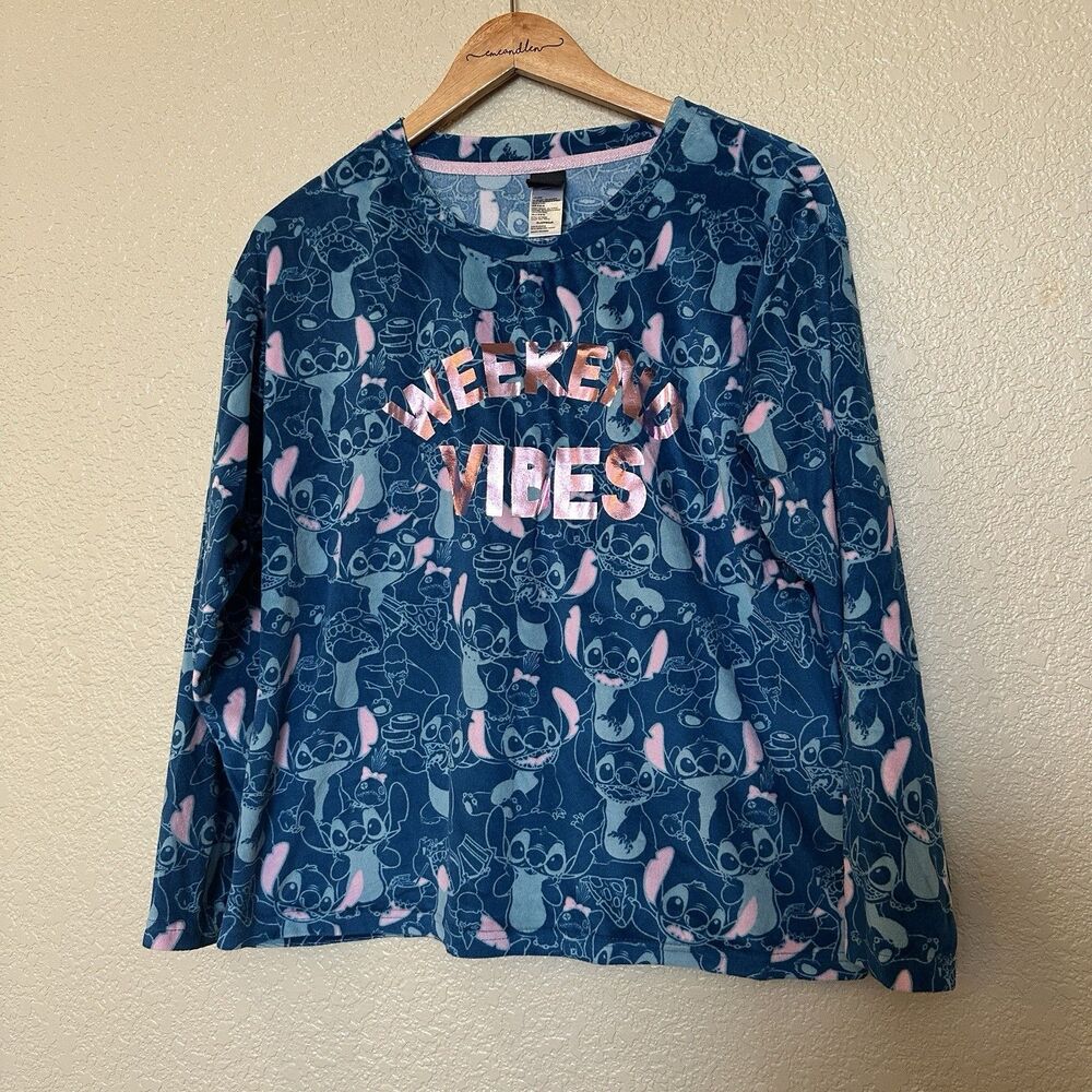 Disney‎ Lilo and Stitch Pajama Top Shirt Women Size M 8-10 Blue Pink Long Sleeve - Picture 1 of 5